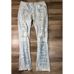 Pheelings Light Wash Distressed Lettering Flare Jeans Blue Size 38 Streetwear